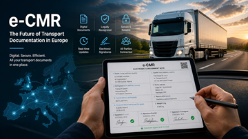 Chauffeur gebruikt tablet met digitaal CMR-document tijdens lopend vrachtwagentransport in Europa, als symbool voor moderne logistieke digitalisering